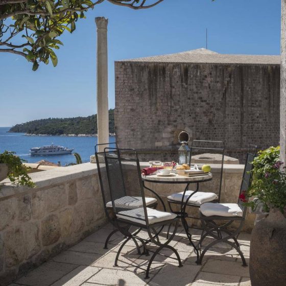 Balcony located at the Villa looking out to the old city of Dubrovnik which is made from old rocks and has its own history within the city